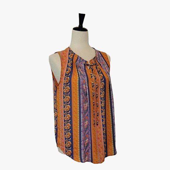Cynthia Rowley Orange Patterned Tie Pleated Sleeveless Chiffon Blouse Size S - Picture 2 of 8